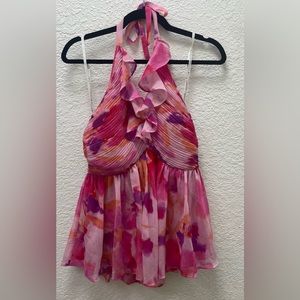 Boston Proper Pink Floral Watercolor Ruffled Halter Top Size 10